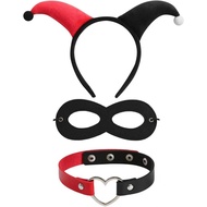 Set Aksesori Kostum Badut Neujiwo 3 Keping, Destar Badut Hitam dan Merah Wanita, Kolar Leher, Topeng