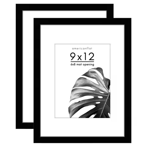 9x12 inch picture frame with shatter-resistant glass and 6x8 mat included — set of two black display