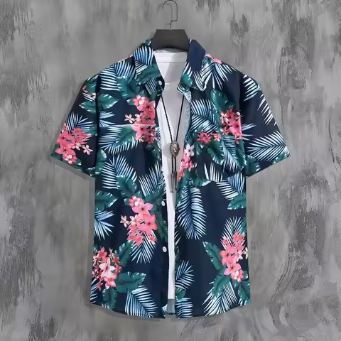 Raya Kurta Kemeja Hawaii Lelaki Summer Loose Casual Flower Bercorak Printing Short Sleeve Shirt Men 