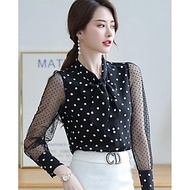 Áo Sơ Mi Nữ Kiểu Cổ Thắt Nơ Tay Phối Lưới Chấm Bi GT534
