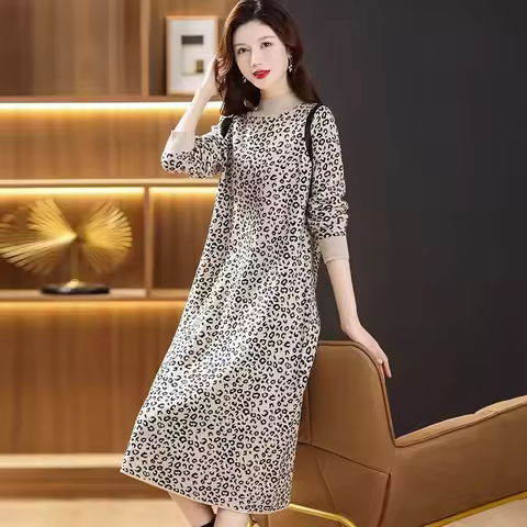 Dress Women Leopard Women Leopard Print Knit Dress Autumn Winter Loose Inner Wear Over Knee Elegant 