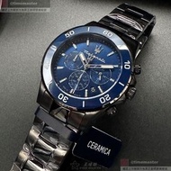 MASERATI手錶,編號R8873600005,44mm寶藍圓形精鋼錶殼,寶藍色三眼, 中三針顯示, 陶瓷款錶面,深黑色精鋼錶帶款,黑武士藍陶瓷