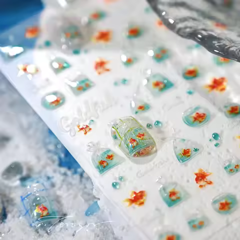 Kawaii Goldfish in Bag 5D Nail Art Sticker Jelly Like Translucent Goldfish with Bubble Cute Aquatic 