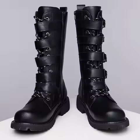 Winter Men Fashionable Boots with Belt Buckle Decoration Side Zipper Anti Slip Personalized Youth Kn