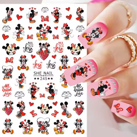 1PCS 3D Valentine's Day Cartoon Mickey Adhesive Nail Stickers Nail Art Accessories Disney Anime Nail