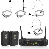 Pyle 2 Channel Wireless Microphone System - Portable UHF Digital Audio Mic Set with 2 Headset, 2 Lavalier lapel, 2 Trans