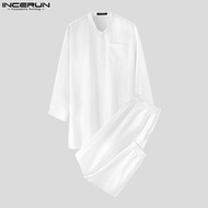 Medussa INCERUN Mens Side Split Robe Casual Elastic Waist Sets Solid Short Sleeve Trousers (มุสลิม)