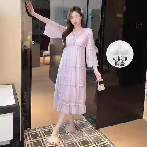 Lace Bow Mesh Court Princess Style Long Nightgown Korean Women Summer Thin Mesh Patchwork Lace Sleep