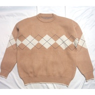 Argyle Ketupat Oneck Knit Soft Thick Brown Knitwear Sweater Sweatshirt Crewneck Knit Wool Jacket