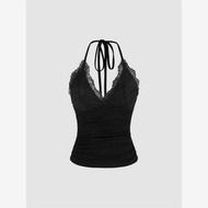 Goth Grunge Punk Black Lace Patchwork Halter Top