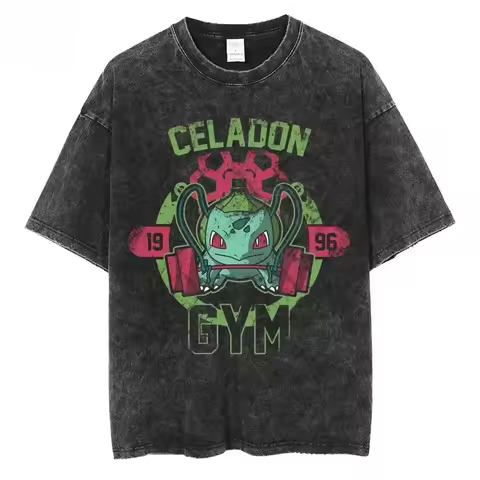 Pokemon Bulbasaur Celadon Gym Retro Vintage Wash Print T Shirt Men 2026 Summer Black Oversized Tee A