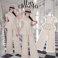 THE CLOSETA : LB671 Set Of Lace Shirt With Cream-Colored Long Pants Sweet And Luxurious Look Like A 
