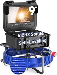 Sewer Camera with 512HZ Sonde, Self-Leveling 9" HD Screen DVR Recorder with 32GB Card, IP68 Waterproof Plumbing Pipe Borescope Inspection with 12pcs Light, 7mm Cable with Depth Marker(300FT)