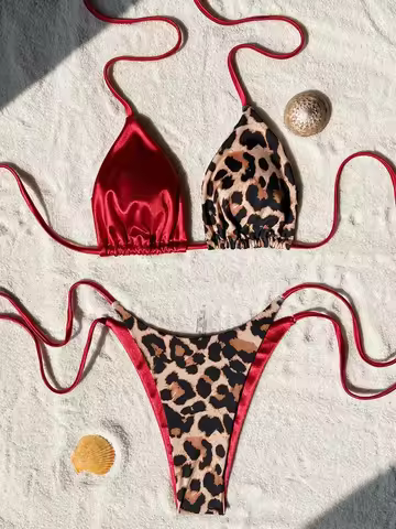 Halter Splicing Leopard Bikinis 2026 Satin Bikini Female Swimsuit Women Swimwear Two-pieces Bikini S