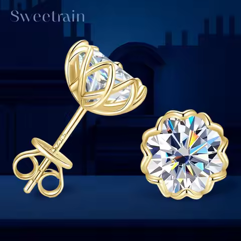 Sweetrain Flower 1CT 2CT Moissanite Stud Earrings for Women Jewelry Lab Diamond Earring S925 Silver 