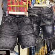 Quần short jean nam rách xước phối hoạ tiết chữ loang màu cao cấp phong cách trẻ trung thời trang sh