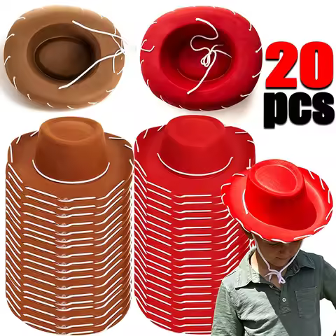 20pcs Brown Red Felt Woody Cowboy Hat for Children Adjustable Western Big Brimmed Cowboy Cap Outdoor