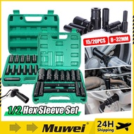 20PCS 1/2 Inch Long Impact Socket Set Black Deep Box Set Tool Set Socket Wrench Set Tool Converter R