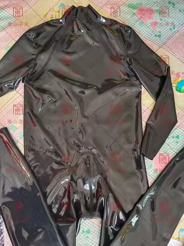 Men latex gummi catsuit bodysuit 0.4mm zip hidden two sheath