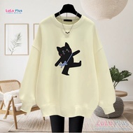 Cartoon Cat Print Round Neck Brushed University t Plain Color M-5XL Korean Version 150kg Top oversiz