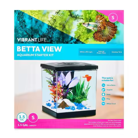 Compact 1.5 Gallon Betta Fish Aquarium Starter Kit with Builtin Filter and Heated Lid for Home Offic