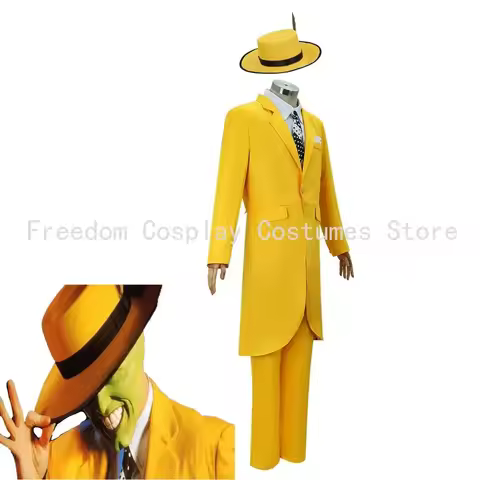 Movie The Great Escape Jim Carry Cosplay Uniform Yellow Carnival Party Suit Hat Green Mask Halloween