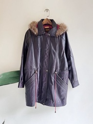 深紫真毛滾邊可拆連帽 古董羊革真皮長版拉鍊外套 Leather jacket