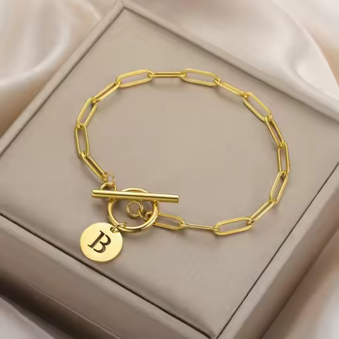 Cazador Initial Letter Toggle Claps Bracelets Jewelry Stainless Steel A-Z Alphabet Round Bracelets f