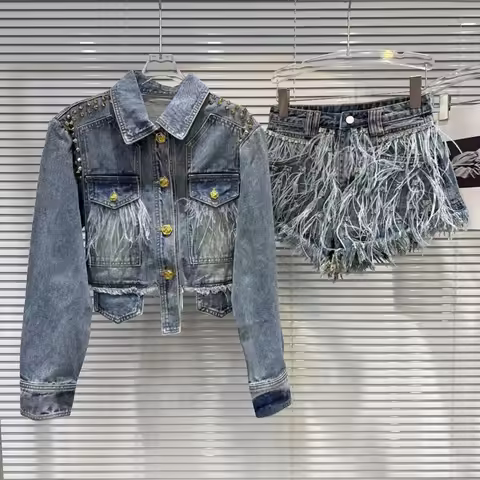 PREPOMP 2025 Autumn Metal Rivets Blue Denim Jacket Embroidered Beadings Feathers Shorts Jeans Two Pi