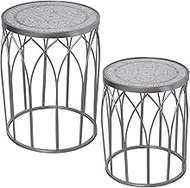 Set of 2 Mesas Auxiliary Metal Plateado/Madera Tallada C/Crist, 45 x 60 + 40 x 50 cm, Madera: DM