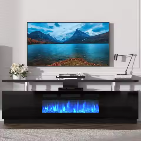 70in Fireplace TV Stand with 36in Electric Heater LED Lights 2 Storage Cabinets Living Room Bedroom,
