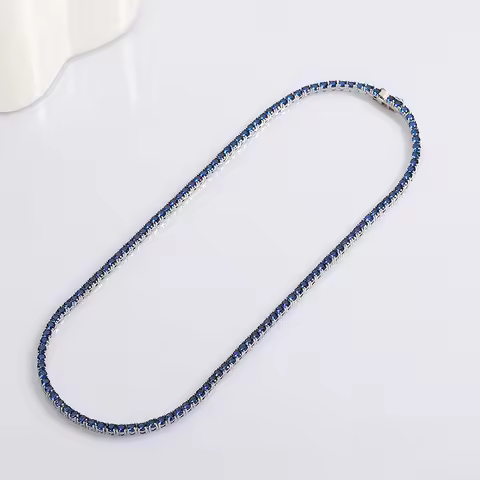 16-24 Inch (41-60cm) Real 925 Sterling Silver Tennis Chain Necklace 3mm Montana Blue Sapphire Zircon