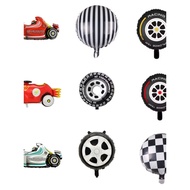 F1 New Style 60 cm Round Checkered Stripes Aluminum Film Balloon Heterosexual Racing Tire Theme Part