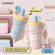 CIVAGO (22OZ) Thermal Cup with Ceramic Lined Straw Cute Thermal Water Bottle with Strap 650ml