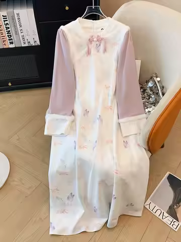 150Kg Plus Size Women's Bust 148 Autumn Winter Loose Retro Chinese Style Cheongsam Long Sleeved Dres