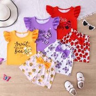 6pcs/Set Baby Casual English Letter Bee Butterfly Seven-Star Ladybug Print Top With 3D Bow + Bee But