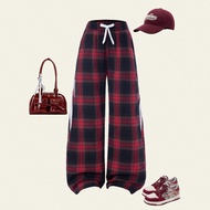 Hixon Girls' Oversized Plaid Wide-Leg Pants, Casual Street Style, Color-Blocking Stripes, Red Plaid,