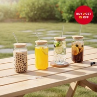 The set includes 1 piece of a 500ML water tumbler, a bamboo lid, a glass straw, and a straw brush, h
