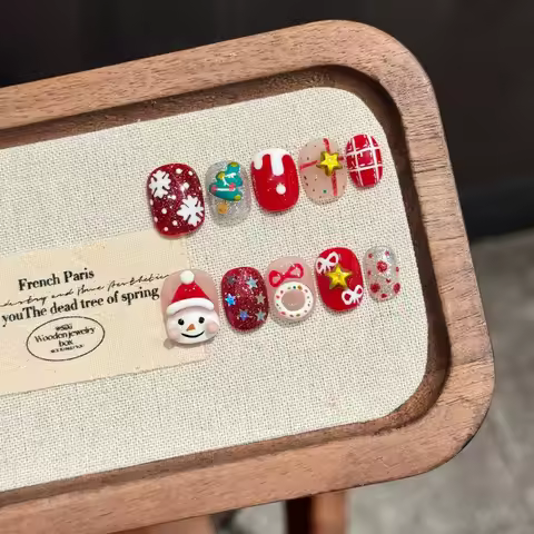 10PCS Handmade Press on Nails Cute 3D Hand-painted Christmas Fake Nails French Tip Wearable Stars Gl