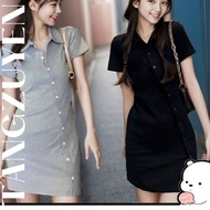 Women's polo dress with cross-collar, above-the-knee length, sporty dark gray body-hugging T-shirt d