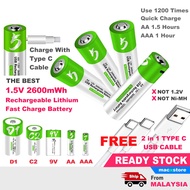 AA 1.5V Rechargeable Battery AAA 9V C2 D1 USB Type-C Lithium Fast & Quick Charge Battery Smart Tag 9