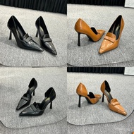 High Version YSL Pointed Toe Deep Mouth Thin Heel Belt Buckle High Heels Black Pointed Toe Hollow Hi
