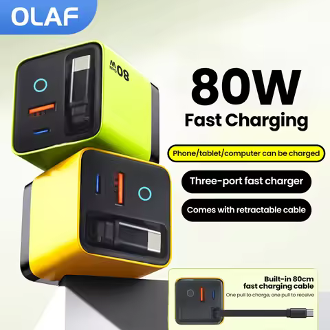 80W USB Type C Charger with Retractable Cable USB C Fast Charger Phone Adapter for iPhone 16 Xiaomi 