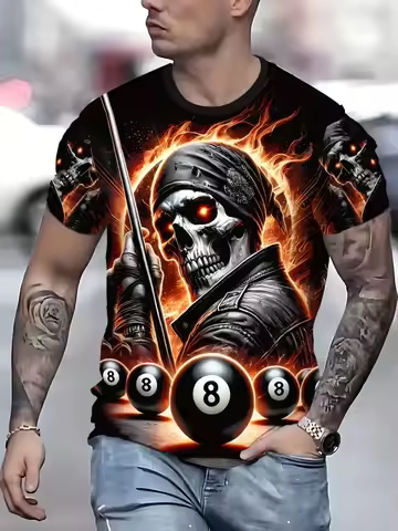 Fashion New Fire Skull 8 Ball Billiards Graphic T-shirt Retro Rock Pool Player Short Sleeve Top Casu