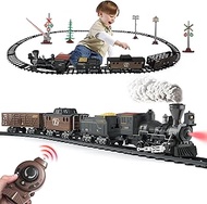 Remote Control Train Set Toys Christmas Train Set Steam Locomotive Under The Trees with Smokes,Light &amp; Sounds, Electric Train Track Gift for 3 4 5 6 7+ Years Old Kids