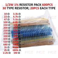 600pcs 30 Values 1% 1/2W 0.5W Resistor Metal Film Assorted Kit Set Pack 10 Ohm ~1M Ohm 20pcs Each