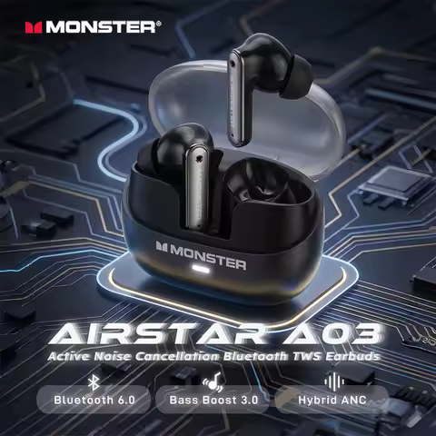Monster Airstar A03 ANC Bluetooth 6.0 Earbuds Punchy Deep Bass Sports Headphones Active Noise Cancel