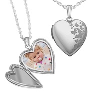 Heart Shaped "Butterflies" Photo Locket Necklace - 3/4 inch x 3/4 inch - Includes 18 inch Chain - Cu