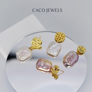 CACO Square Baroque Pearl Earrings 14K Gold Plated 925 Silver Diamond Zirconia "Crust (Earrings)" (1