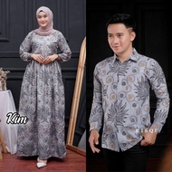 Batik Couple - Baju Batik Couple Kemeja Panjang Gamis Maxi Tali Samping Motif Padi Abu